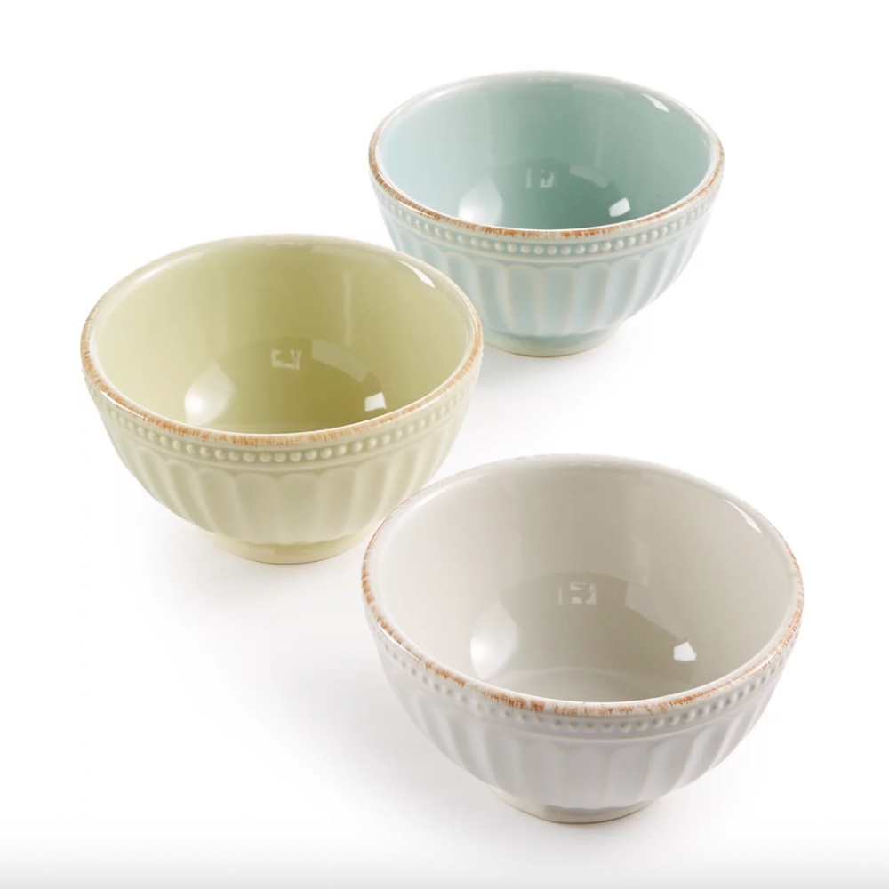 NWOB LENOX FRENCH PERLE GROOVE MINI 12 OZ STONEWARE BOWLS - 3PC Tricolor Set